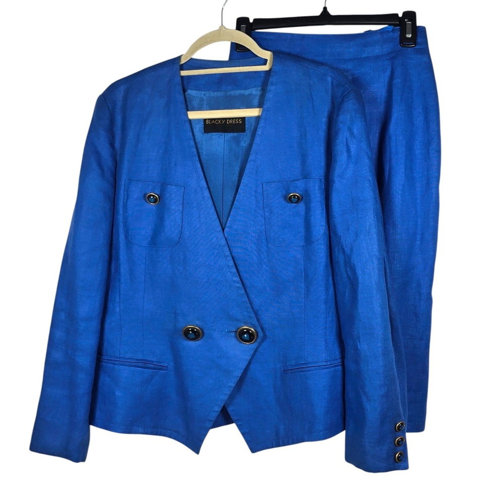 Blacky Dress Berlin Cobalt Blue Linen Skirt Suit Made‎ in Italy Vintage Size 12